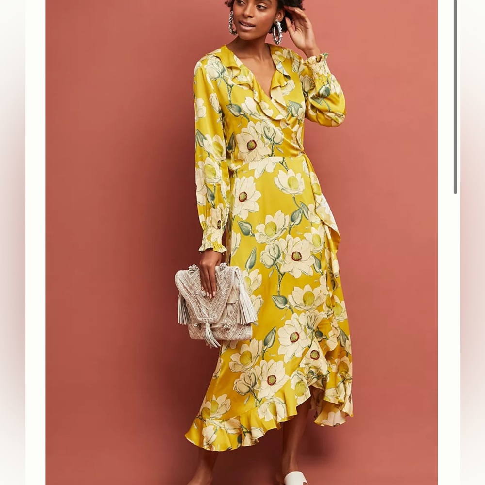 Anthropologie Second Female magnolia floral wrap midi dress ruffles XS